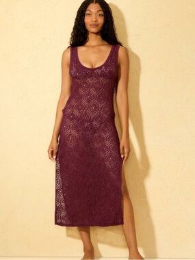 Shade & Shore Maroon / Burgundy Crochet Midi Coverup Dress